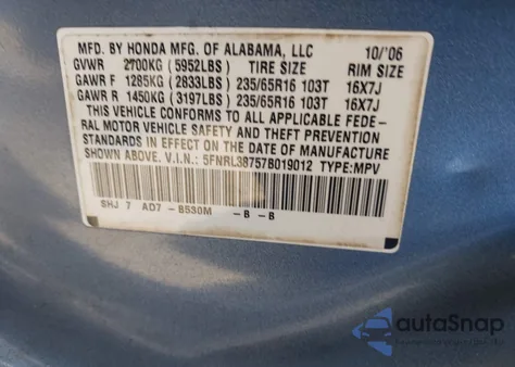 2007 Honda Odyssey Ex-L z USA, uszkodzony, nr VIN 5FNRL38757B019012